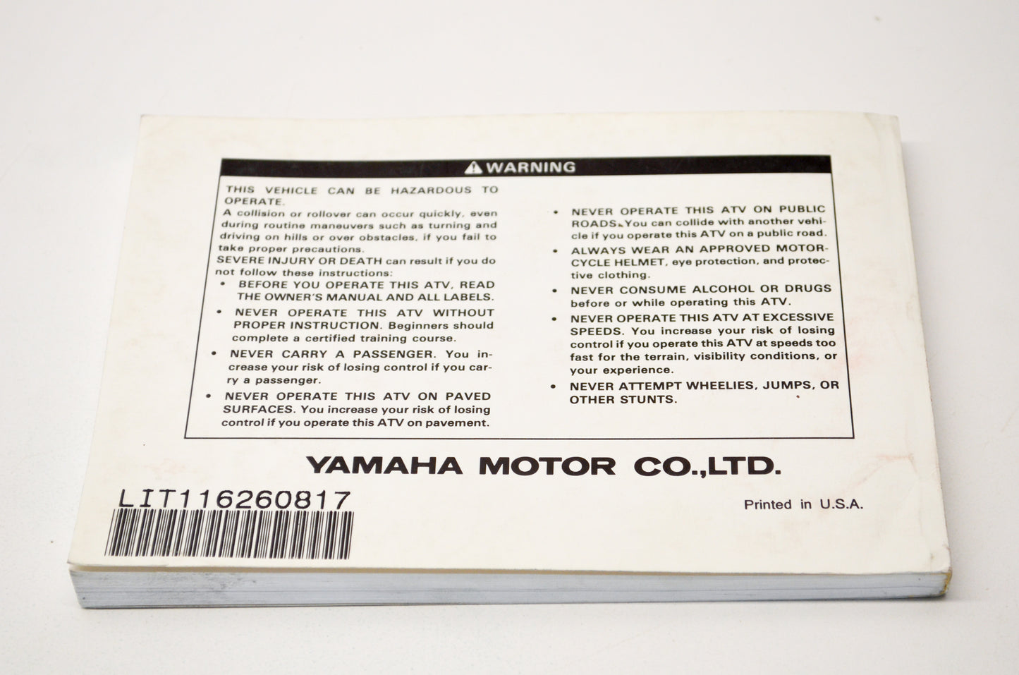 OEM Yamaha LIT-11626-08-17 YFB250D Owner's Manual