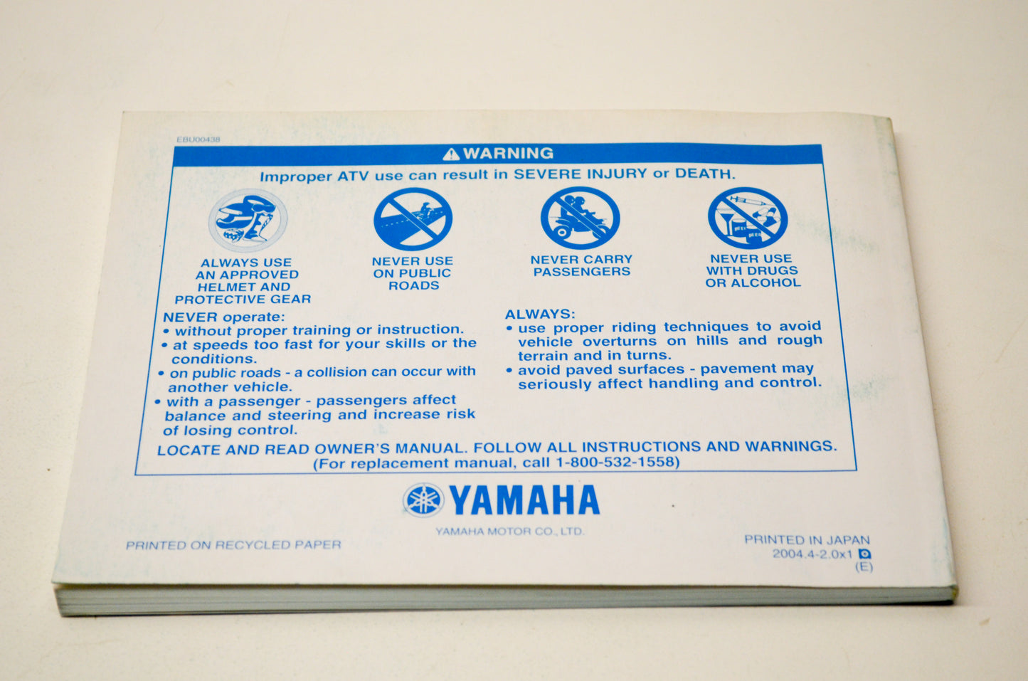 New OEM Yamaha LIT-11626-18-07 Raptor YFM80RT Owner's Manual NOS