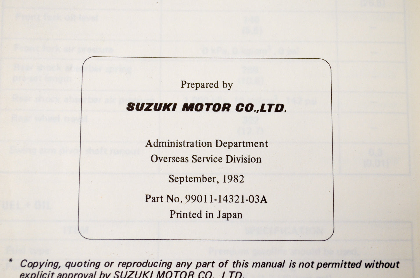OEM Suzuki 99011-14321-03A RM250 Owner's Maintenance Manual
