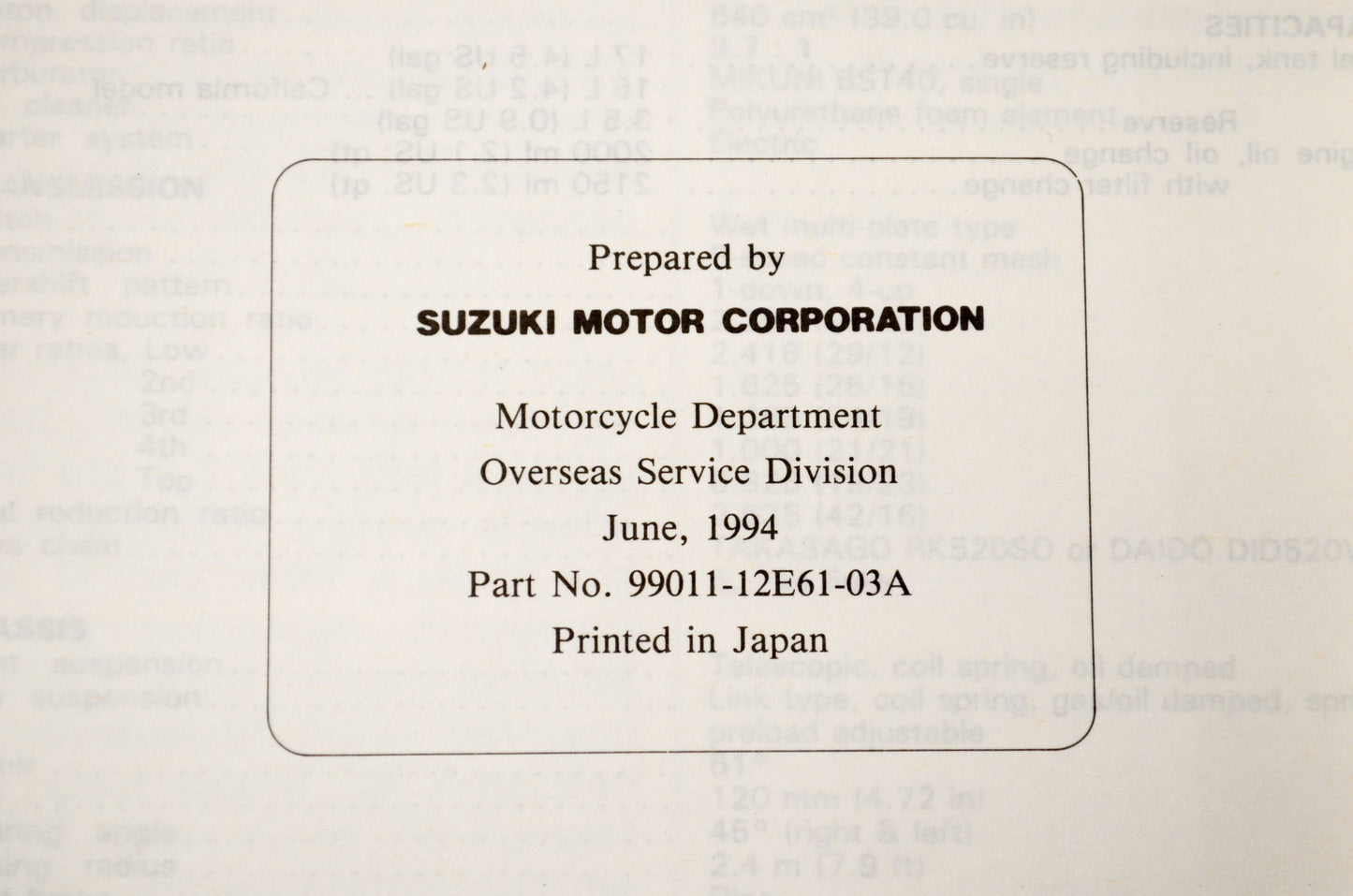 OEM Suzuki 99011-12E61-03A DR650SE Owner's Manual