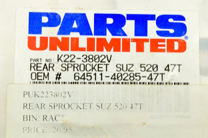 Parts Unlimited K22-3802V, 64511-40285-47T Rear Sprocket 47T NOS