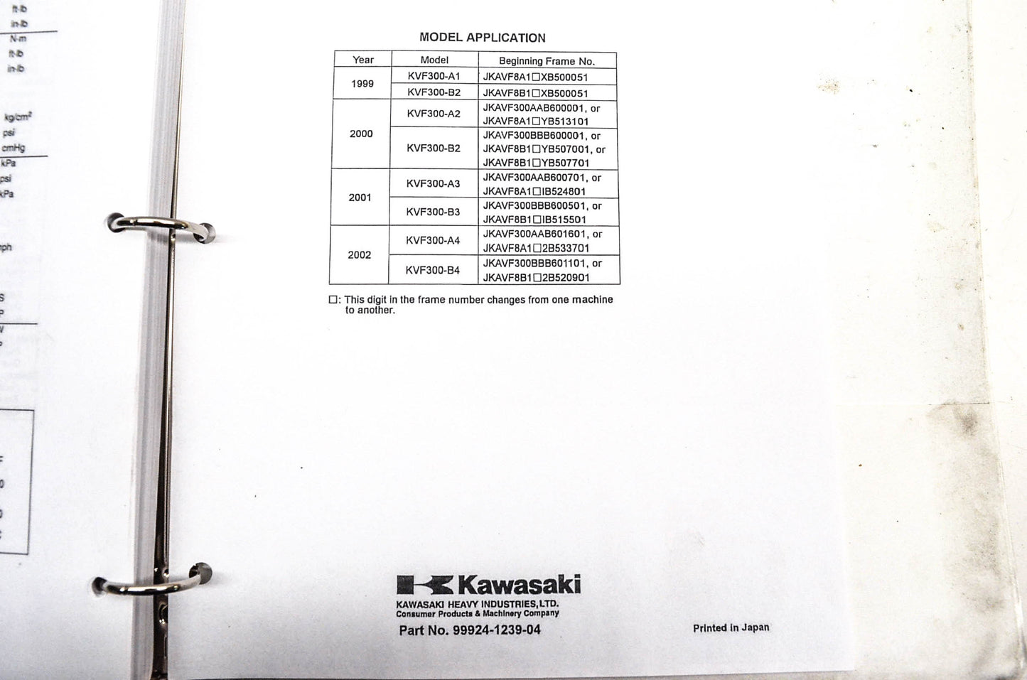 OEM Kawasaki 99924-1239-04 Prairie 300 4x4 ATV Service Manual