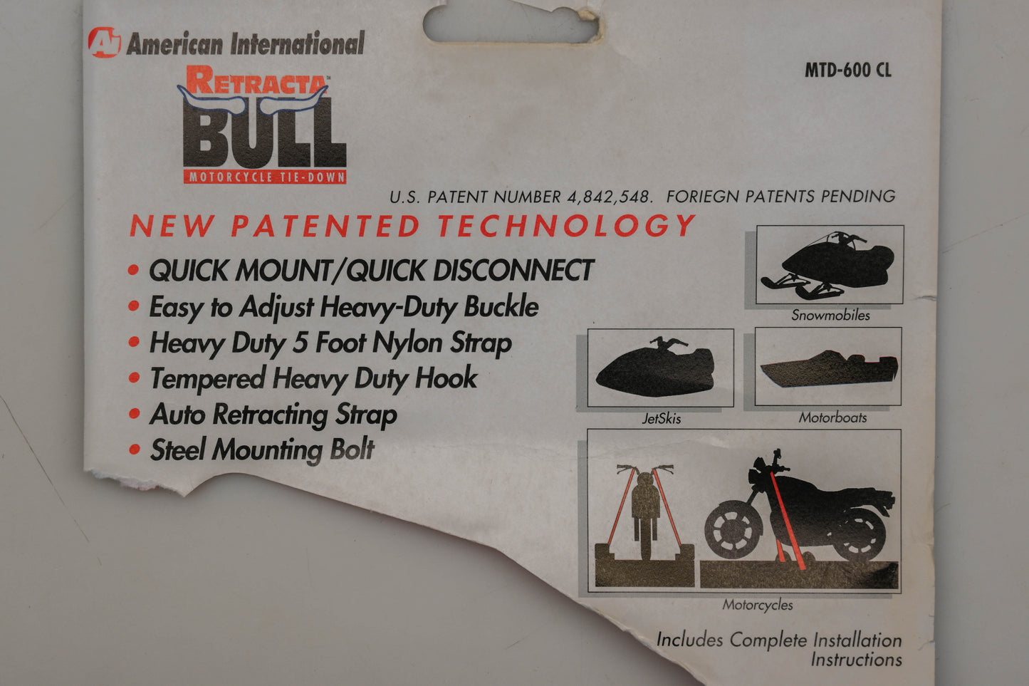American International MTD-600 CL Retracta-Bull Motorcycle Tie-Down Kit Qty 1 NOS