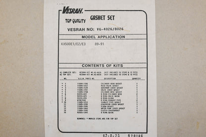 Vesrah VG-4026/8026 Kawasaki 89-91 KX500 Top Gasket Kit Qty 1 NOS