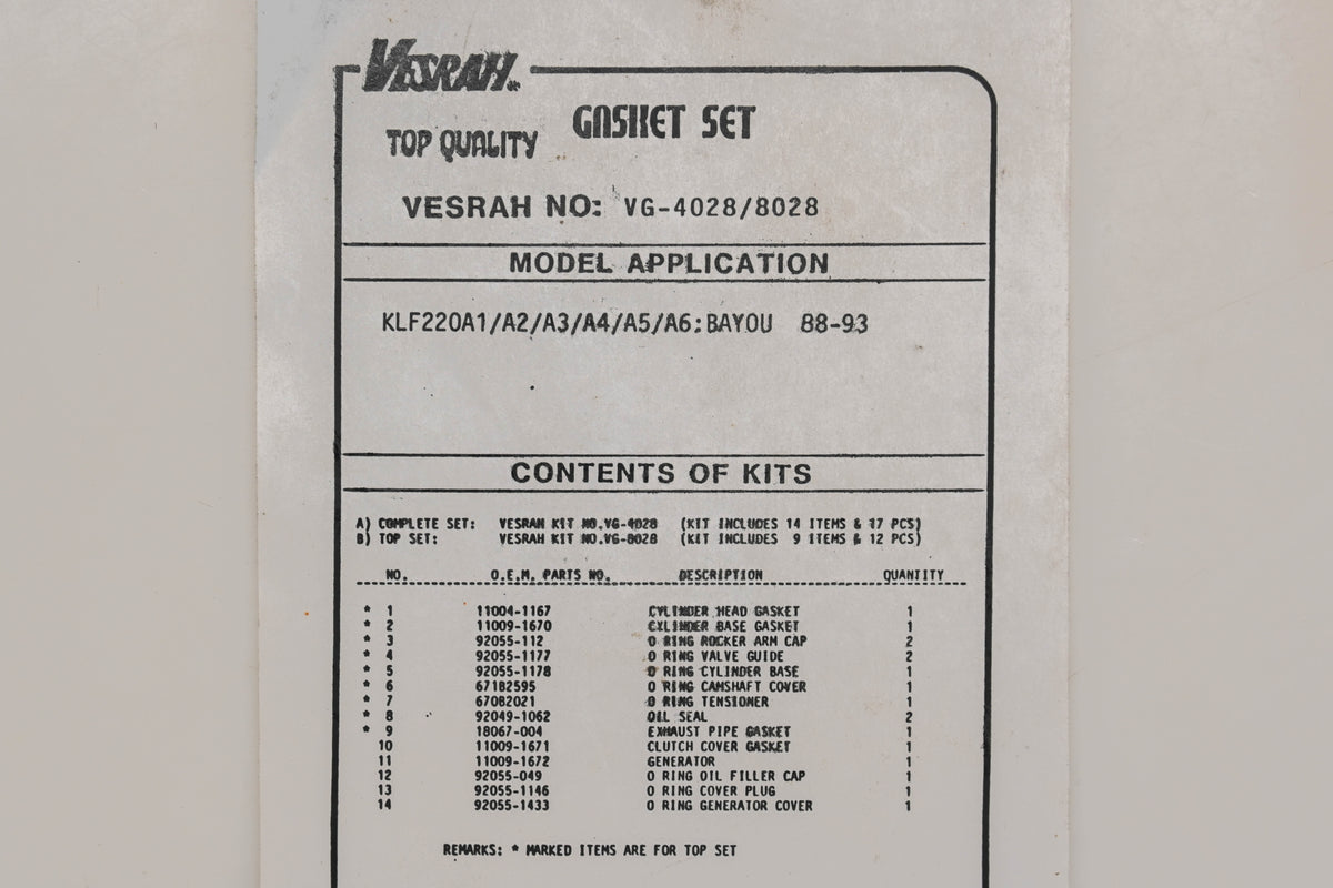 Vesrah VG-4028/8028 Complete Gasket Kit Kawasaki 88-93 Bayou Qty 1 NOS