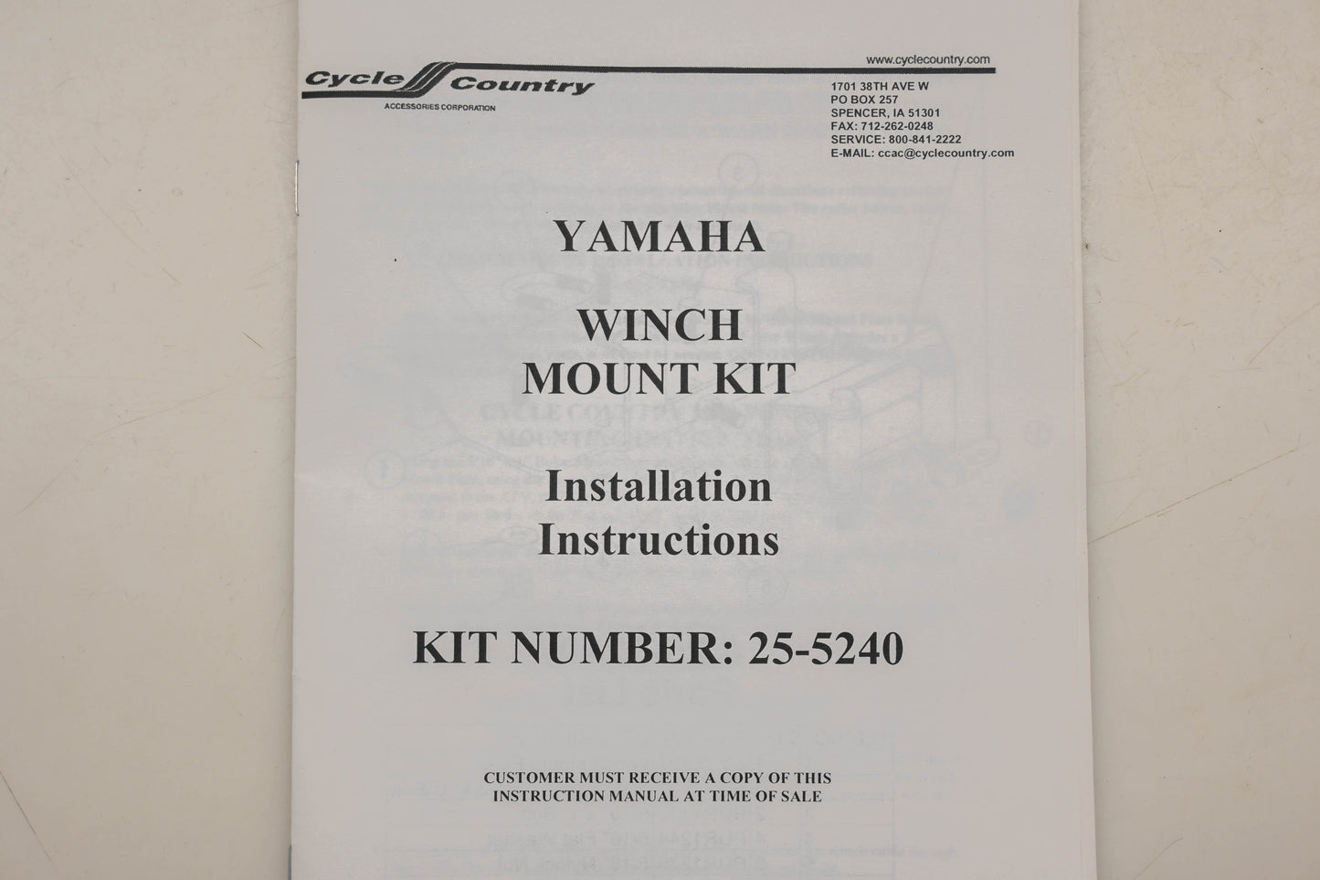 Cycle Country 25-5240, 8600-670 Winch Mount Kit Yamaha Qty 1 NOS