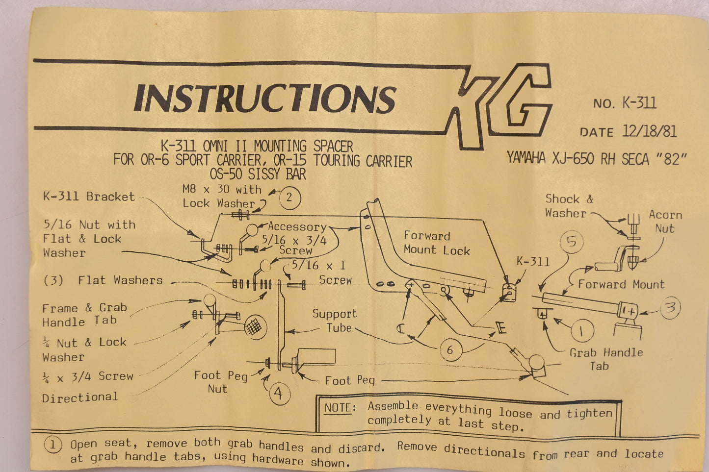 KG K-311, K0311 Omni II Mounting Spacer Yamaha XJ-650 RH SECA Qty 1 NOS