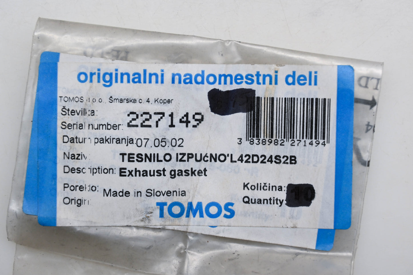 Tomos 227149 Exhaust Gaskets Qty 2 NOS