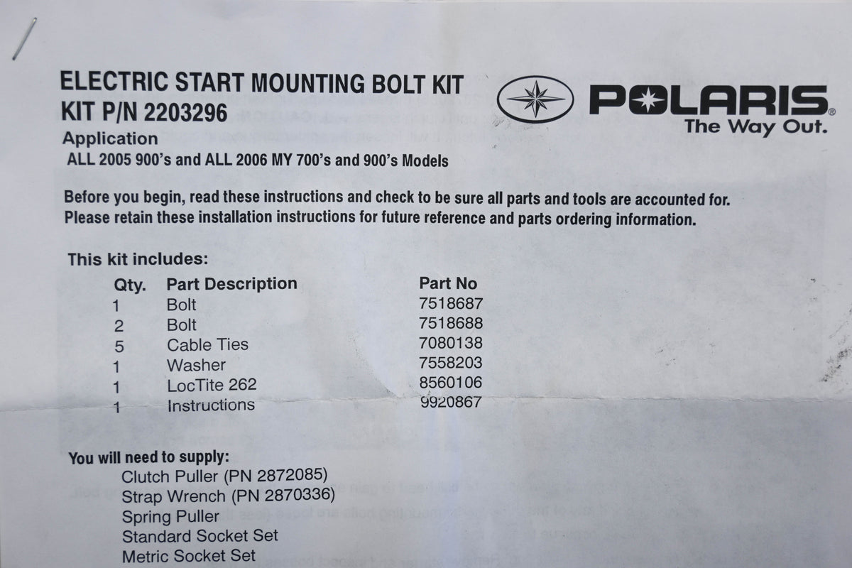 New OEM Polaris 2203296 Snowmobile Fusion RMK IQ Electric Start Mounting Bolt Kit Qty 1 NOS