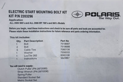 New OEM Polaris 2203296 Snowmobile Fusion RMK IQ Electric Start Mounting Bolt Kit Qty 1 NOS
