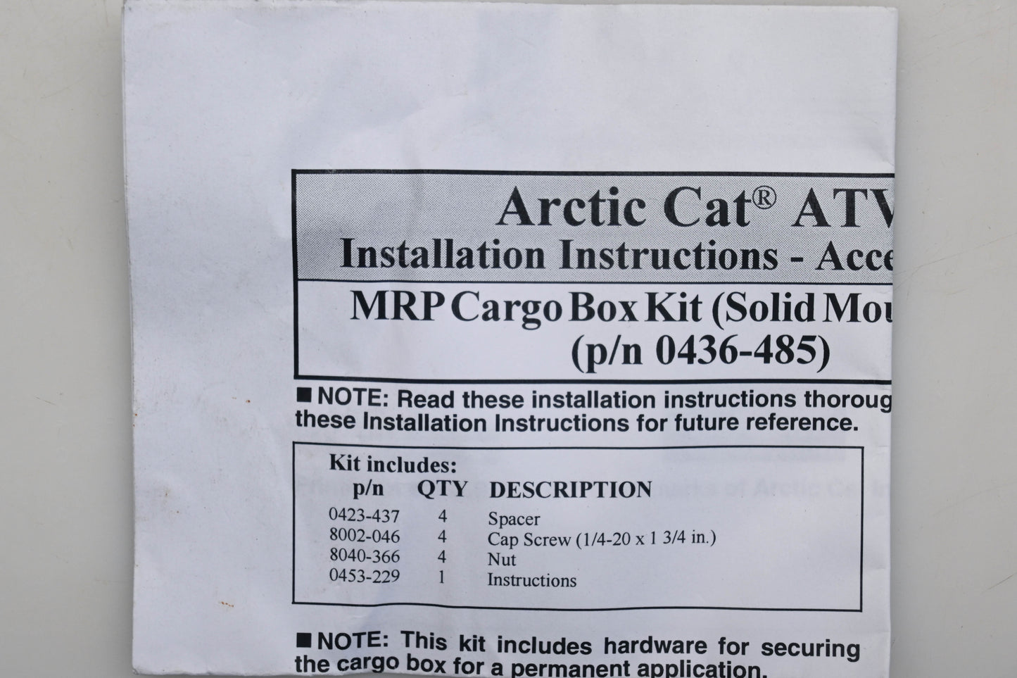 New OEM Arctic Cat 0436-485 Cargo Box Solid Mount Kit 650 V-2 4x4 FIS 300 400 500 Qty 1 NOS