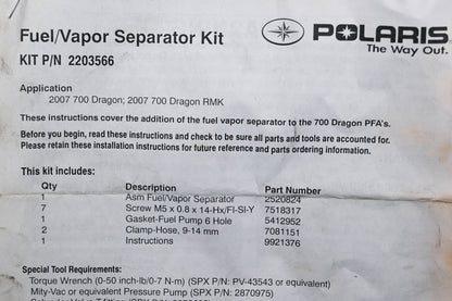 New OEM Polaris 2203566 Fuel Vapor Separator Kit RMK Dragon 700 Qty 1 NOS
