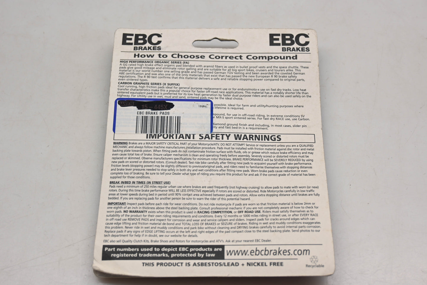 EBC FA445X High Performance Motorcycle ATV Brake Pads Qty 2 NOS