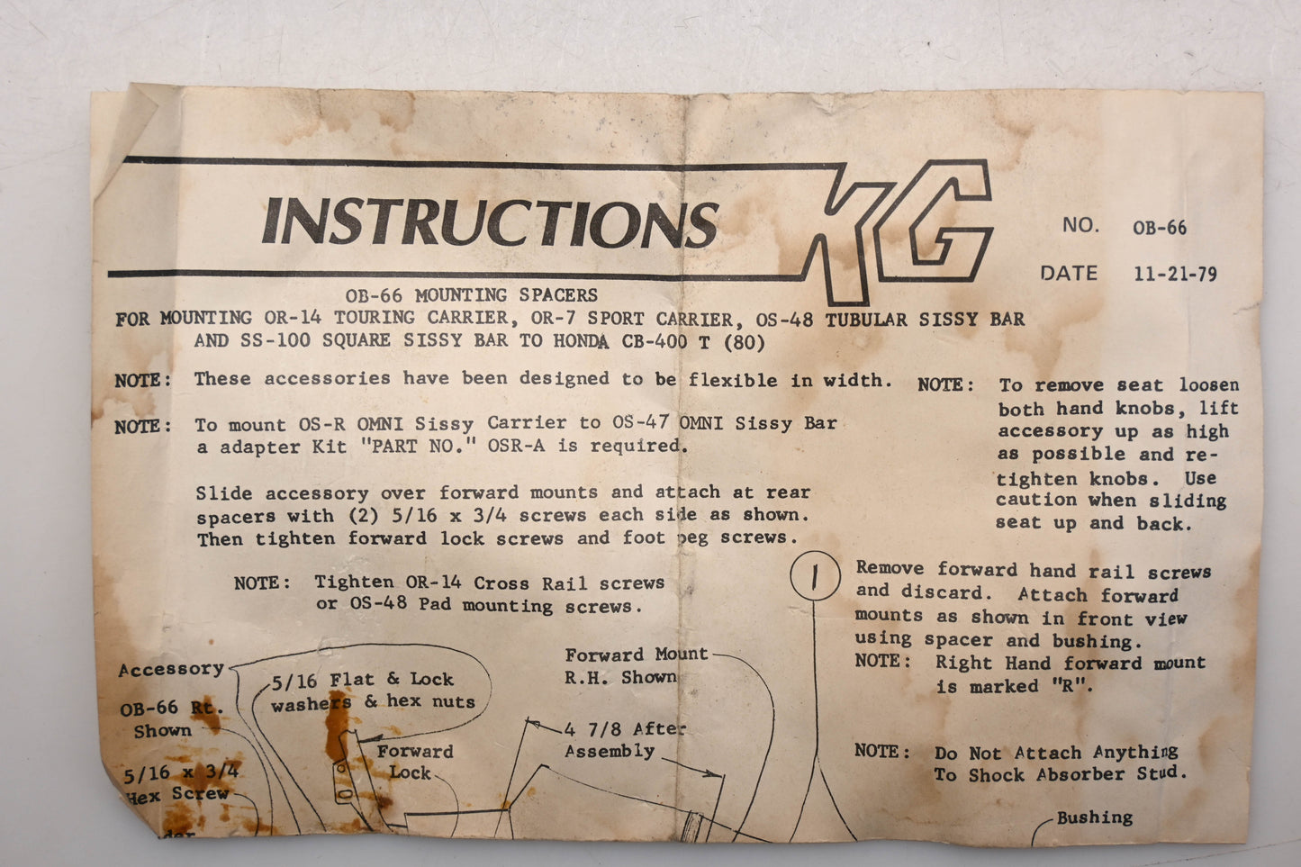 KG 0B-66 Mounting Spacer Kit Fits Honda CB-400 T (80) Qty 1 NOS