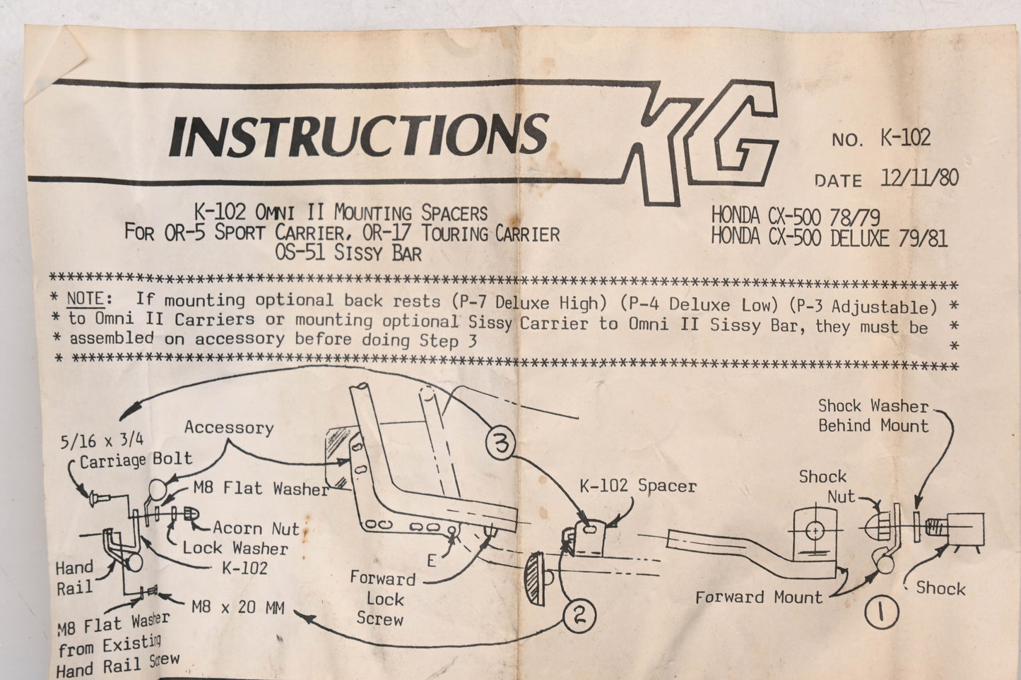 KG K-102 Omni II Mounting Spacer Kit Qty 1 NOS