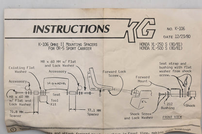 KG K-106 Omni II Mounting Spacer Kit Fits Honda XL-250 S and XL-500 S (80-81) Qty 1 NOS