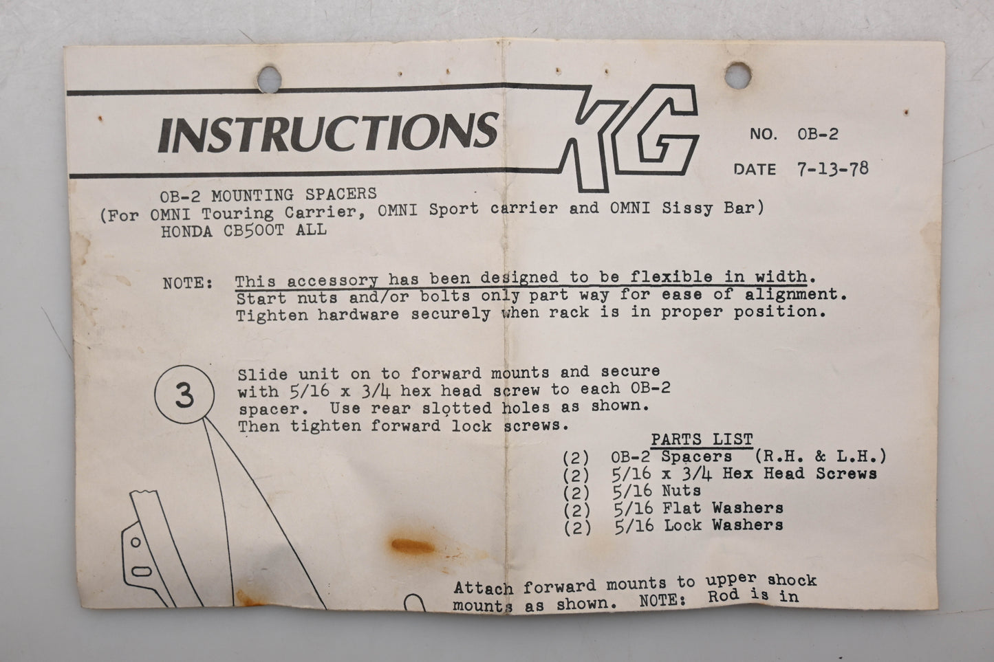 KG 0B-2 Mounting Spacer Kit Fits Honda CB500T Qty 1 NOS