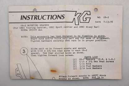 KG 0B-2 Mounting Spacer Kit Fits Honda CB500T Qty 1 NOS
