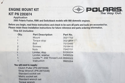 New OEM Polaris 2203074 Engine Mount Kit Snowmobile Qty 1 NOS