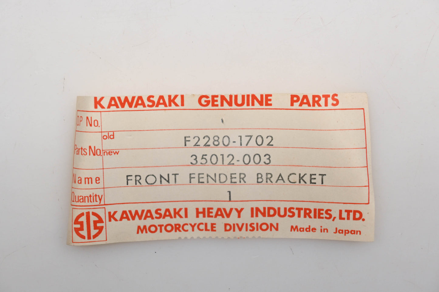 New OEM Kawasaki 35012-003 Front Fender Bracket Qty 1 NOS