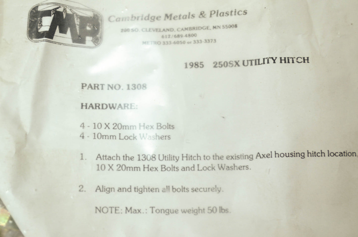 NEW Cambridge Metals Honda 85 250SX Utility Hitch 8000-1308 NOS